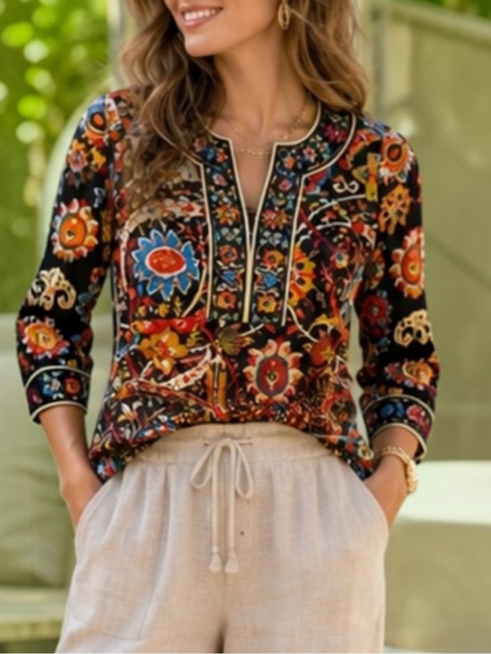 Gretchen Scott Split V Neck 3/4 Sleeve Baroque Paisley Floral Print Top Sz M